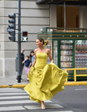 Pretty A Line Strapless Yellow Satin Prom Dress Evening Dress with Bow HZ1023