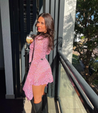 Sexy Sheath Long Sleeve Pink Lace Short Party Dress Outfits HZ1023