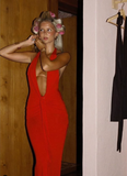 Sexy Sheath Halter Red Satin Long Prom Dress Evening Dress HZ1023