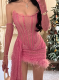 Pink Sheath Strapless Corset Lace Feather Mini Prom Dress Homecoming Dress HZ1023
