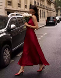 Elegant Mermaid Halter Pearl Burgundy Satin Long Evening Dress Party Dress HZ1023