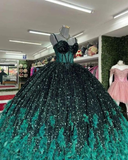 Gorgeous Green Sequins Feathers Ball Gown Quinceanera Dress Formal Sweet 16 Prom Dress HZ1023