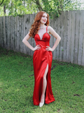 Charming Sheath Spaghetti Strap Rhinestone Red Satin Long Evening Dresses Party Dresses with Slit HZ1023