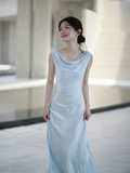 Gentle Baby Blue Sheath Straps Pleated Satin Prom Dress Evening Dress HZ1023