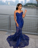Elegant Royal Blue Sequin Beaded Appliques Mermaid Prom Dress Evening Dress HZ1023