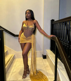 Sexy Gold Prom Dress Velvet Beads Birthday Party Cocktail Gown Homecoming Dress HZ1023