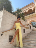 Yellow Sheath Strapless Pleated Chiffon Long Prom Dress Evening Dress with Slit HZ1023
