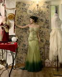 Vintage Green Ombre A Line Spaghetti Straps Beaded Satin Prom Dress 16th Birthday Dress HZ1023