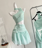 Mint Green A Line Halter Flower Chiffon Short Homecoming Dress Cocktail Dress HZ1023