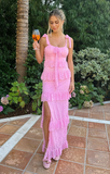 Pink Lovely Lace A Line Ruffles Slit Prom Dress HZ1023