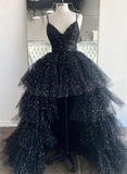 Shiny High Low Black Long Formal Dresses V Neckline Tulle Layered Prom Dresses HZ1023