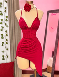 Sexy Sheath Spaghetti Strap Corset Red Satin Short Homecoming Dress HZ1023