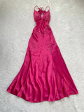 Sexy Spaghetti Straps Hot Pink Satin Beaded Backless Prom Dress Evening Gown HZ1023