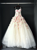 Romantic Pink Floral A Line Sweetheart Neck Tulle Long Prom Dress Gown Dress HZ1023