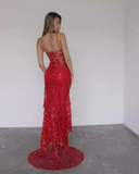 Red Spaghetti Straps Lace Beading Gorgeous Mermaid Evening Dress HZ1023