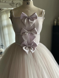 Stunning A Line Spaghetti Strap Bow Light Purple Tulle Long Party Dress Evening Dress HZ1023
