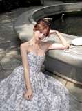 Blue A Line Sweetheart Neck Print Floral Satin Prom Dress 16th Birthday Dress HZ1023