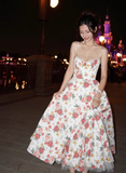 Princess A Line Spaghetti Strap Print Floral Satin Prom Dress 16th Birthday Dress HZ1023