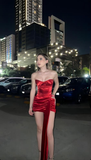 Strapless Red Satin Velvet Sheath Short Party Dress Homecoming Dress HZ1023