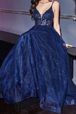 Shiny Navy Blue Spaghetti Straps Tulle Appliques Prom Dress Party Evening Dress HZ1023
