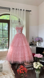 Cute A Line Sweetheart Neck Pink Layered Lace Tulle Long Party Dress Birthday Dress HZ1023