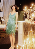 Shiny Bright Green Sequin A Line Spaghetti Strap Short Homecoming Dress Cocktail Dress HZ1023