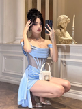 Sexy Sheath Off the Shoulder Corset Blue Satin Homecoming Dress Cocktail Dress HZ1023