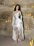Charming A Line Sweetheart Neck Pleated White Satin Long Prom Dress Evening Dress with Slit HZ1023