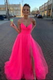Modest Tulle V Neck Spaghetti Straps Hot Pink Long Prom Dresses With Slit HZ1023