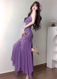 Purple Mermaid Spaghetti Strap Rhinestone Chiffon Prom Dress Vacation Dress Date Dress HZ1023