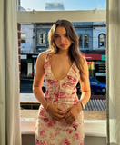 Pink Sheath V Neck Print Floral Chiffon Prom Dress Evening Dress HZ1023