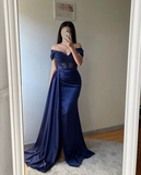 Off The Shoulder Navy Blue Satin Prom Dress HZ1023