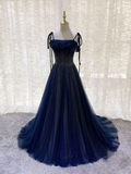 Navy Blue Tulle Beaded Long Prom Dress Evening Dress HZ1023
