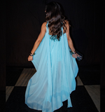 Unique A Line Strapless Blue Chiffon Short Long Prom Dress Evening Dress HZ1023
