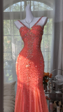 Vintage Mermaid Spaghetti Strap Exquisite Rhinestone Tulle Prom Dress Wedding Guest Dress HZ1023