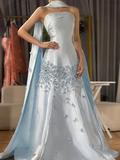 Blue Sky A Line Strapless Appliques Satin Long Prom Dress Evening Dress HZ1023