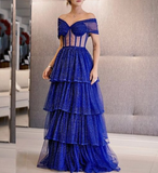 Shiny Off The Shoulder Sweetheart Prom Dress Layered Tulle Long Evening Dress HZ1023