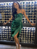 Spaghetti Straps Green Pleated Slit Prom Dress HZ1023