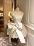 White A Line Spaghetti Strap Pearl Lace Short Homecoming Dress Cocktail Dress HZ1023