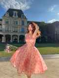 Pink Vintage A Line Halter Print Floral Chiffon Short Homecoming Dress Outfits HZ1023
