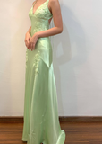 Green Mermaid V Neck Appliques Satin Open Back Long Prom Dress Outfits HZ1023