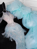 Gorgeous Exquisite Mermaid Beaded Blue Tulle Prom Dress Evening Dress Party Dress HZ1023