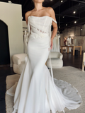 Simple Mermaid Off the Shoulder Corset Chiffon Long Sweep Wedding Dress HZ1023