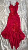 Spaghetti Straps Red Chiffon Applique Mermaid Prom Dress Evening Gown HZ1023
