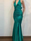 Vintage Mermaid Halter V Neck Green Satin Open Back Long Prom Dress Evening Dress HZ1023