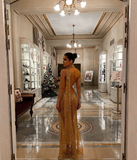 Golden Sheath V Neck Sequin Long Prom Dress Birthday Dress Evening Dress HZ1023