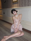 Pink Sequin A Line Spaghetti Strap Layered Organza Short Homecoming Dress Birthday Dress HZ1023