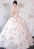 Exquisite Ball Gown Strapless Embroidery Floral Tulle Prom Dress 16th Birthday Dress HZ1023