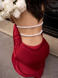Sexy Burgundy A Line Halter Pearl Satin Open Back Prom Dress Party Dress Formal Dress HZ1023