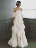 Elegant A Line Off the Shoulder Tiered White Tulle Long Prom Dress Evening Dress HZ1023